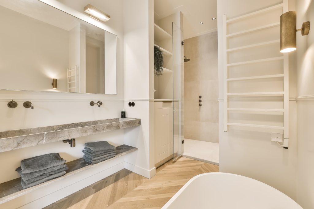 finished bathroom remodel including storage space